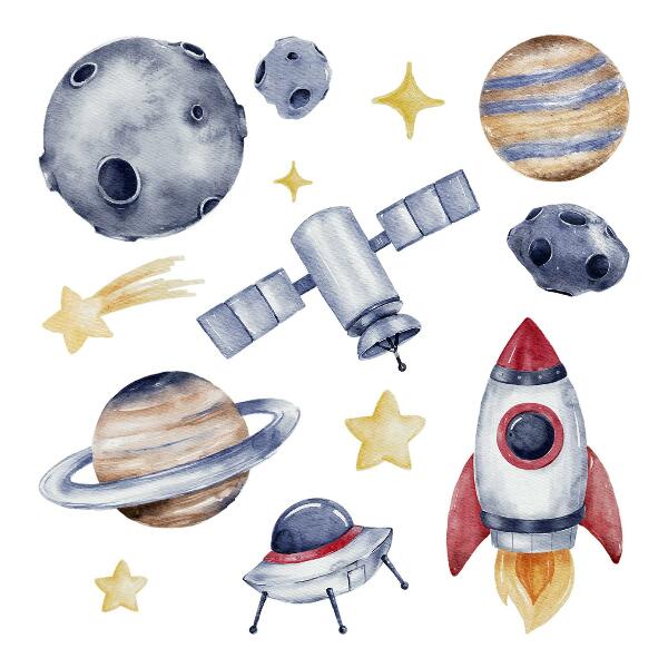 Wandsticker 80x117 Pastellraum mit Planeten und Rakete