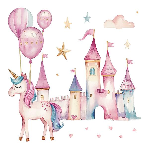 Wandaufkleber 80x110 Einhornschloss im Pastell-Aquarell-Stil