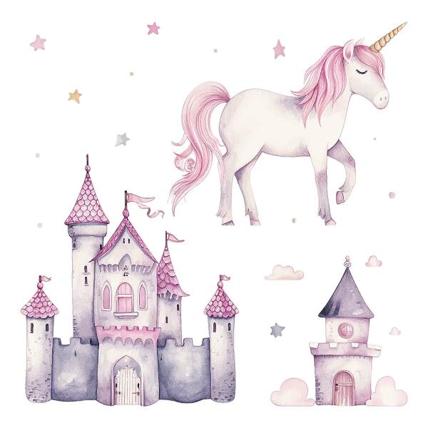 Wandaufkleber 80x131 Pastellaquarell mit einem Einhorn und einem Schloss