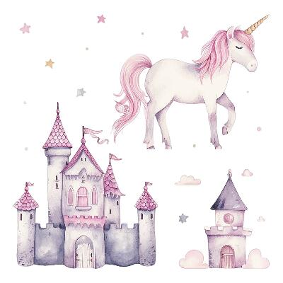 Wandaufkleber 80x131 Pastellaquarell mit einem Einhorn und einem Schloss