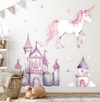Wandaufkleber 80x131 Pastellaquarell mit einem Einhorn und einem Schloss