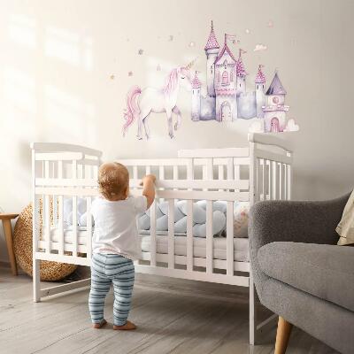 Wandaufkleber 80x131 Pastellaquarell mit einem Einhorn und einem Schloss