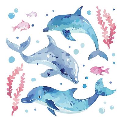 Wandaufkleber 80x124 Blaue Delfine in einer pastellfarbenen Unterwasserlandschaft