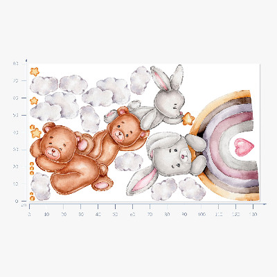 Wandaufkleber 80x134 Pastell-Teddybären und Hasen in Aquarell