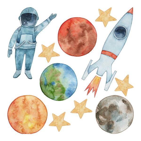 Wandaufkleber 80x143 Weltraumplaneten mit Astronauten und Aquarellrakete
