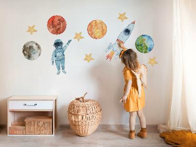 Wandaufkleber 80x143 Weltraumplaneten mit Astronauten und Aquarellrakete