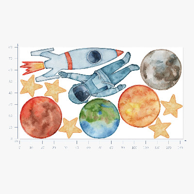Wandaufkleber 80x143 Weltraumplaneten mit Astronauten und Aquarellrakete