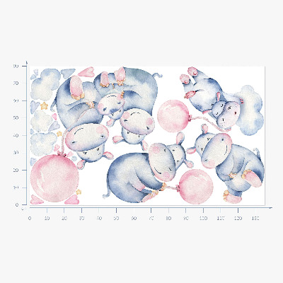 Wandaufkleber 80x135 Nilpferdfamilie mit Luftballons und Pastellwolken