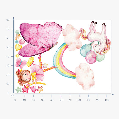 Wandaufkleber 80x105 Pastellfarbenes Einhorn mit Luftballons auf einem Regenbogen