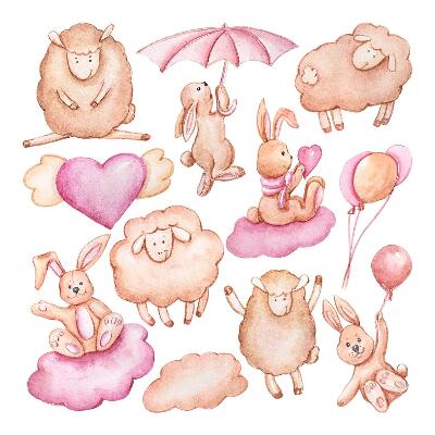 Wandaufkleber 80x128 Pastellwolken mit Schafen und Kaninchen