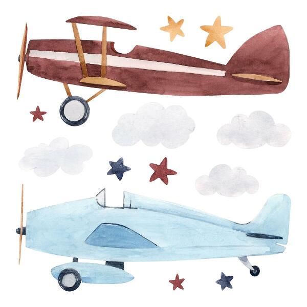 Wandaufkleber 80x99 Zwei Flugzeuge in pastellfarbenen Aquarellwolken