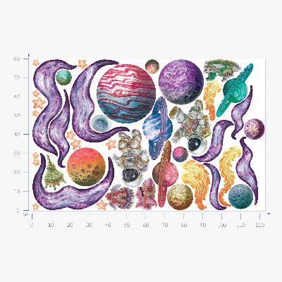 Wandtattoo 80x123 Weltraumabenteuer von Raketen und Planeten in Pastelltönen