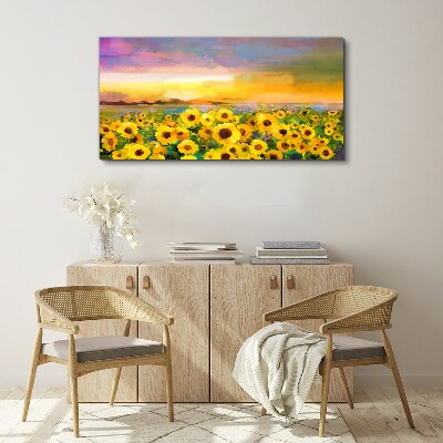 Bild auf leinwand Sonnenblumen in den Strahlen der untergehenden Sonne