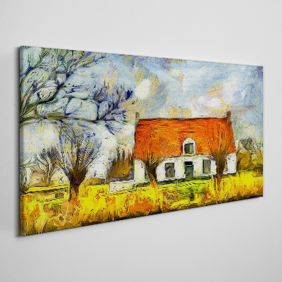 Leinwandbild Ein farbenfrohes Landhaus in der Landschaft