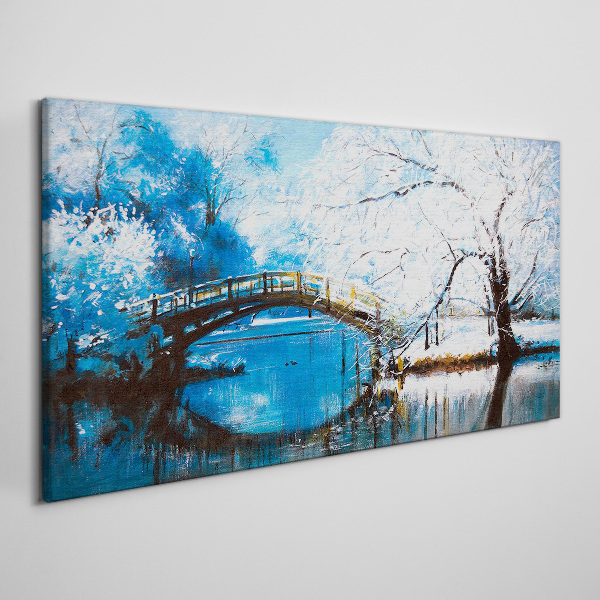 Foto auf leinwand Winterbrücke in blauer Landschaft