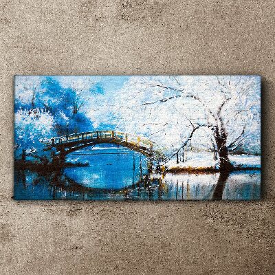 Foto auf leinwand Winter-Fluss-Bäume-Brücke