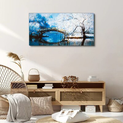 Foto auf leinwand Winterbrücke in blauer Landschaft