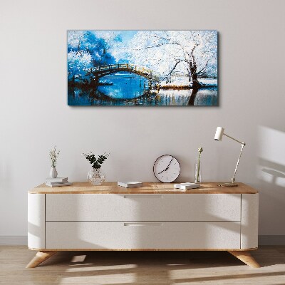 Foto auf leinwand Winter-Fluss-Bäume-Brücke