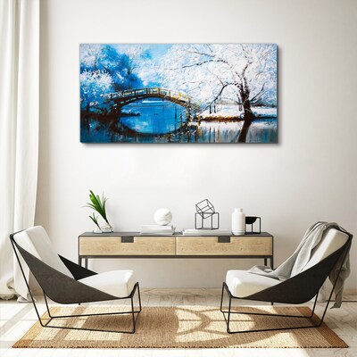 Foto auf leinwand Winterbrücke in blauer Landschaft