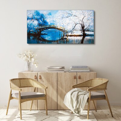 Foto auf leinwand Winter-Fluss-Bäume-Brücke