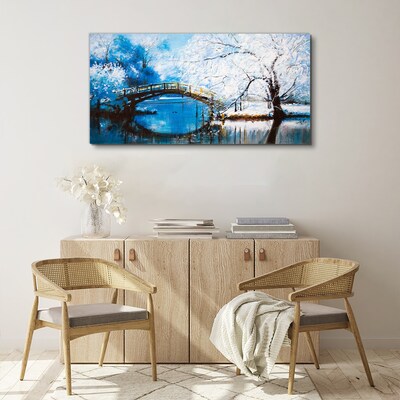 Foto auf leinwand Winterbrücke in blauer Landschaft