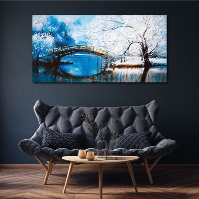 Foto auf leinwand Winter-Fluss-Bäume-Brücke