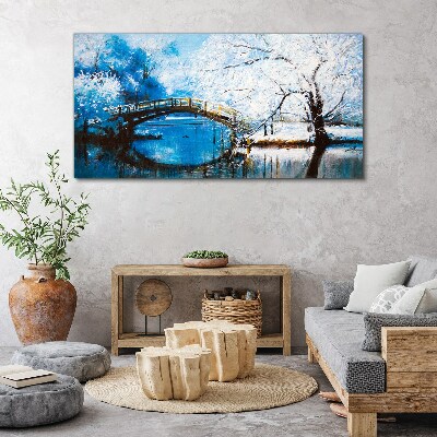 Foto auf leinwand Winterbrücke in blauer Landschaft