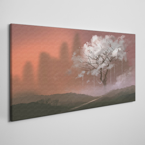 Bild auf leinwand Neblige Landschaft mit einem Baum