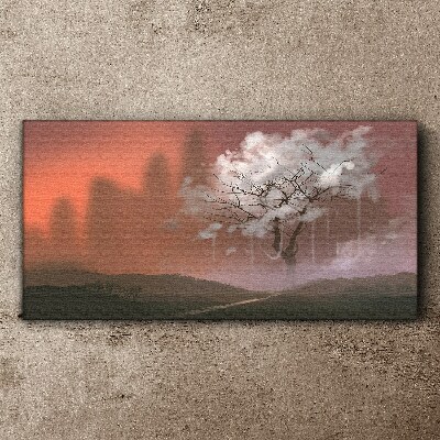 Bild auf leinwand Neblige Landschaft mit einem Baum