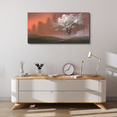 Bild auf leinwand Neblige Landschaft mit einem Baum