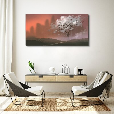 Bild auf leinwand Neblige Landschaft mit einem Baum