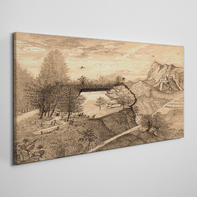 Foto auf leinwand Landschaft mit Brücke und Bäumen