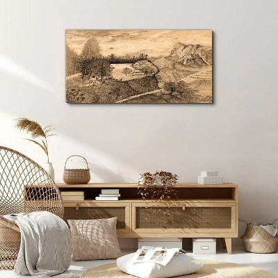 Foto auf leinwand Landschaft mit Brücke und Bäumen