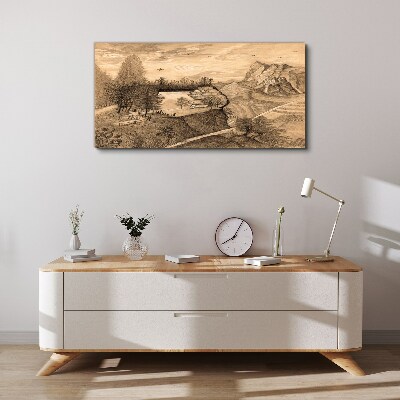 Foto auf leinwand Landschaft mit Brücke und Bäumen