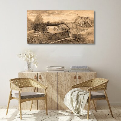 Foto auf leinwand Landschaft mit Brücke und Bäumen