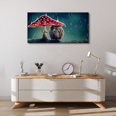 Foto auf leinwand Eine Eule unter einem Pilz im Regen