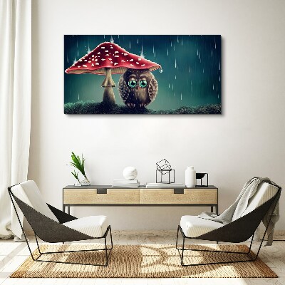 Foto auf leinwand Eine Eule unter einem Pilz im Regen