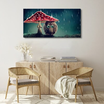 Foto auf leinwand Eine Eule unter einem Pilz im Regen