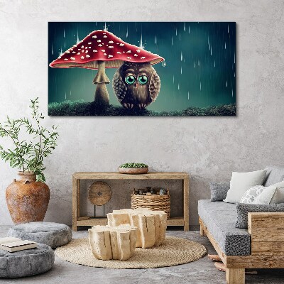 Foto auf leinwand Eine Eule unter einem Pilz im Regen