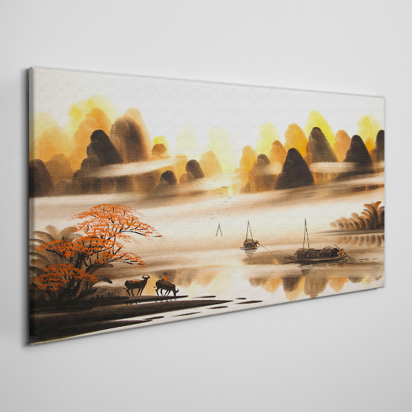 Foto auf leinwand Eine friedliche Landschaft mit Bergen und Wasser
