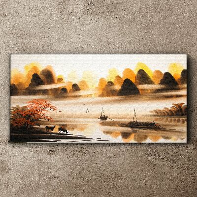 Foto auf leinwand Eine friedliche Landschaft mit Bergen und Wasser