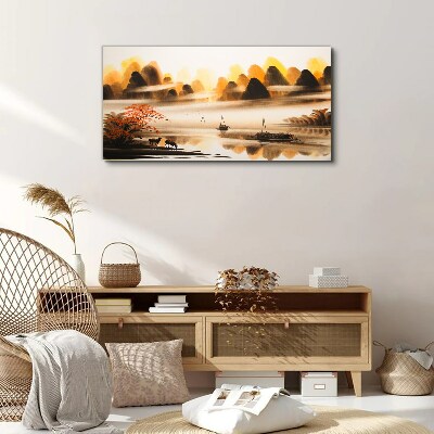 Foto auf leinwand Eine friedliche Landschaft mit Bergen und Wasser