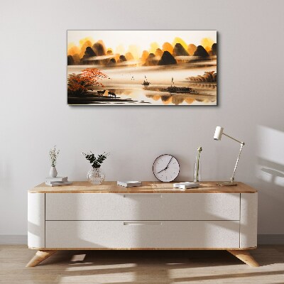 Foto auf leinwand Eine friedliche Landschaft mit Bergen und Wasser
