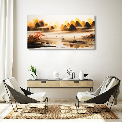 Foto auf leinwand Eine friedliche Landschaft mit Bergen und Wasser