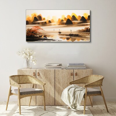 Foto auf leinwand Eine friedliche Landschaft mit Bergen und Wasser