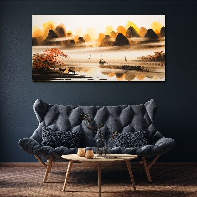 Foto auf leinwand Eine friedliche Landschaft mit Bergen und Wasser