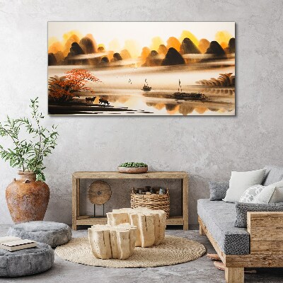 Foto auf leinwand Eine friedliche Landschaft mit Bergen und Wasser