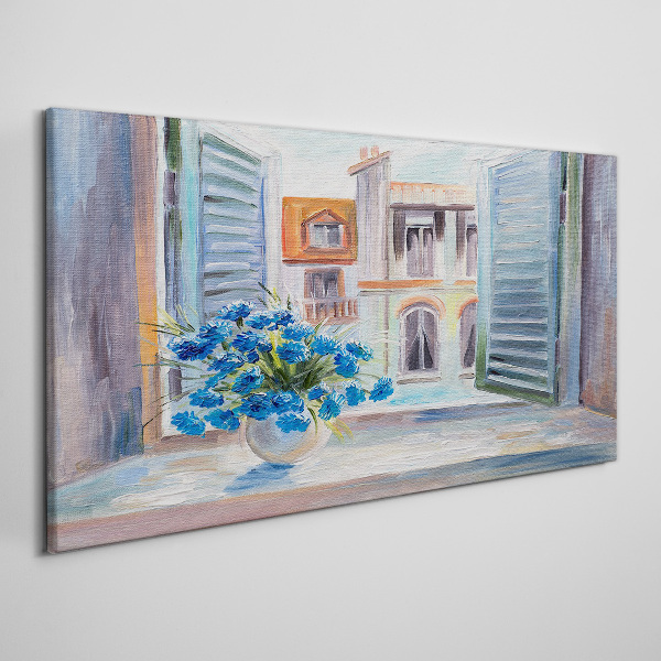 Foto auf leinwand Blumen am offenen Fenster