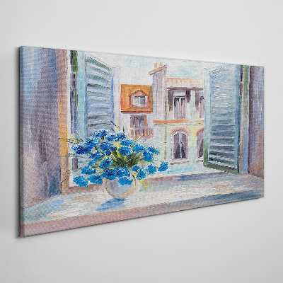 Foto auf leinwand Blumen am offenen Fenster
