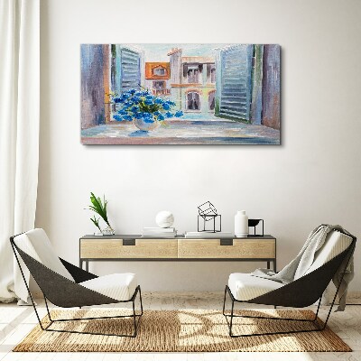 Foto auf leinwand Blumen am offenen Fenster